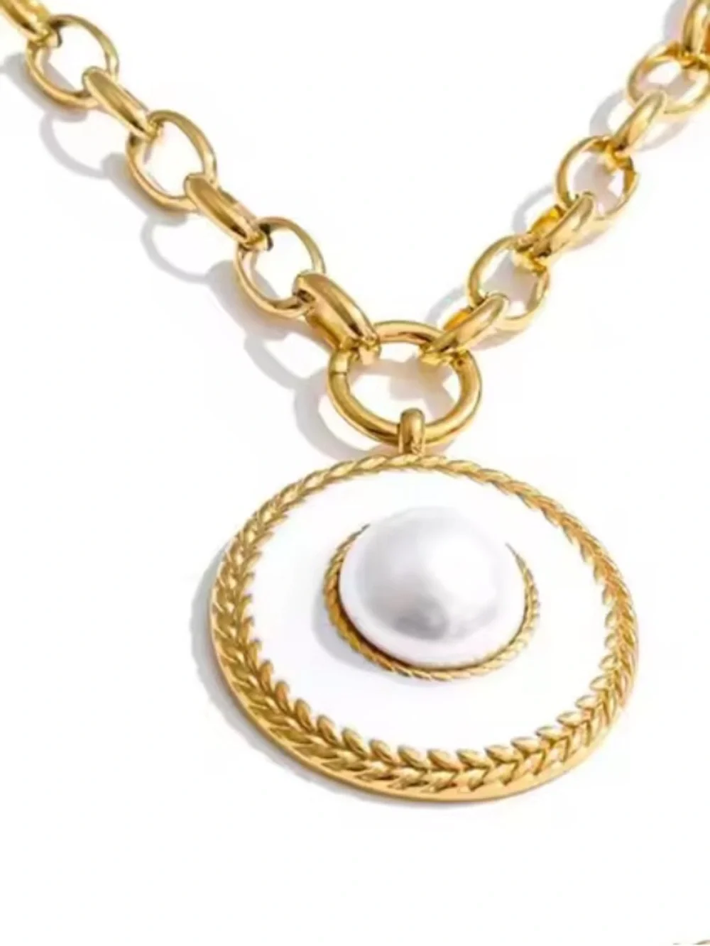 Gold Medallion White Pearl Circle Necklace